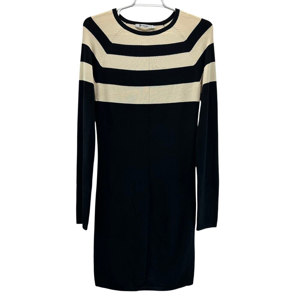 T Alexander Wang Stripe Color Block Sweater Dress Long Sleeve Knit Black Cream M